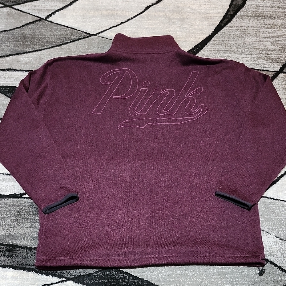 VS PINK 2019 EMBROIDERED CAMPUS MAROON QUARTER-ZIP KNIT SWEATSHIRT